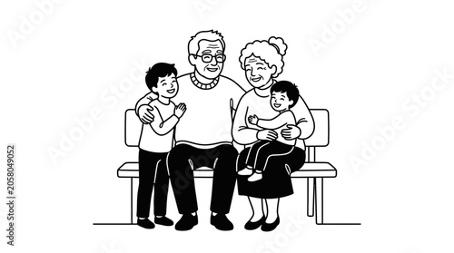 Photos A line art illustration of grandparents sitting on a bench with their two grandchildren