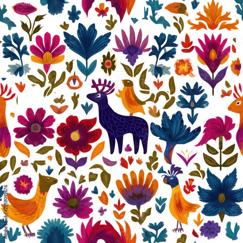 Colorful folk art seamless repeating pattern featuring deer, birds, flowers and botanical elements, isolated as a PNG for easy placement on any background.