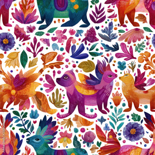 Vibrant seamless repeating pattern featuring fantasy animals surrounded by colorful flowers and botanical elements, isolated as a PNG.