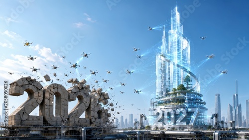 New Year 2027 futuristic city construction with drones and robots background