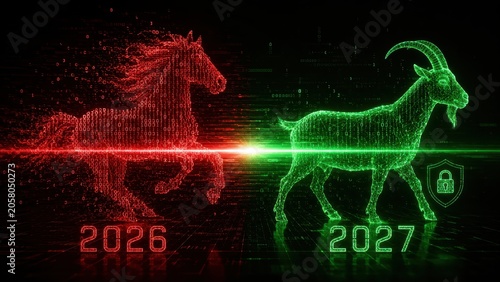 Digital horse and goat transition for New Year 2027 cyber background