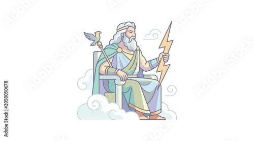 Φωτογραφία Illustration of Zeus sitting on a throne holding a lightning bolt and a staff