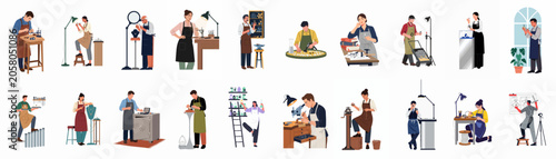 Photos A comprehensive set of vector illustrations featuring jewelry industry professionals, including jewelers, designers, and gemologists at work in various settings