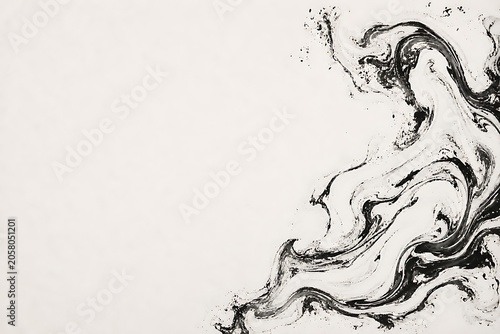 Luxury Japanese Suminagashi Ink Marbling Background with Elegant Flowing Black Waves and Copy Space on Right Frame, Generative AI
