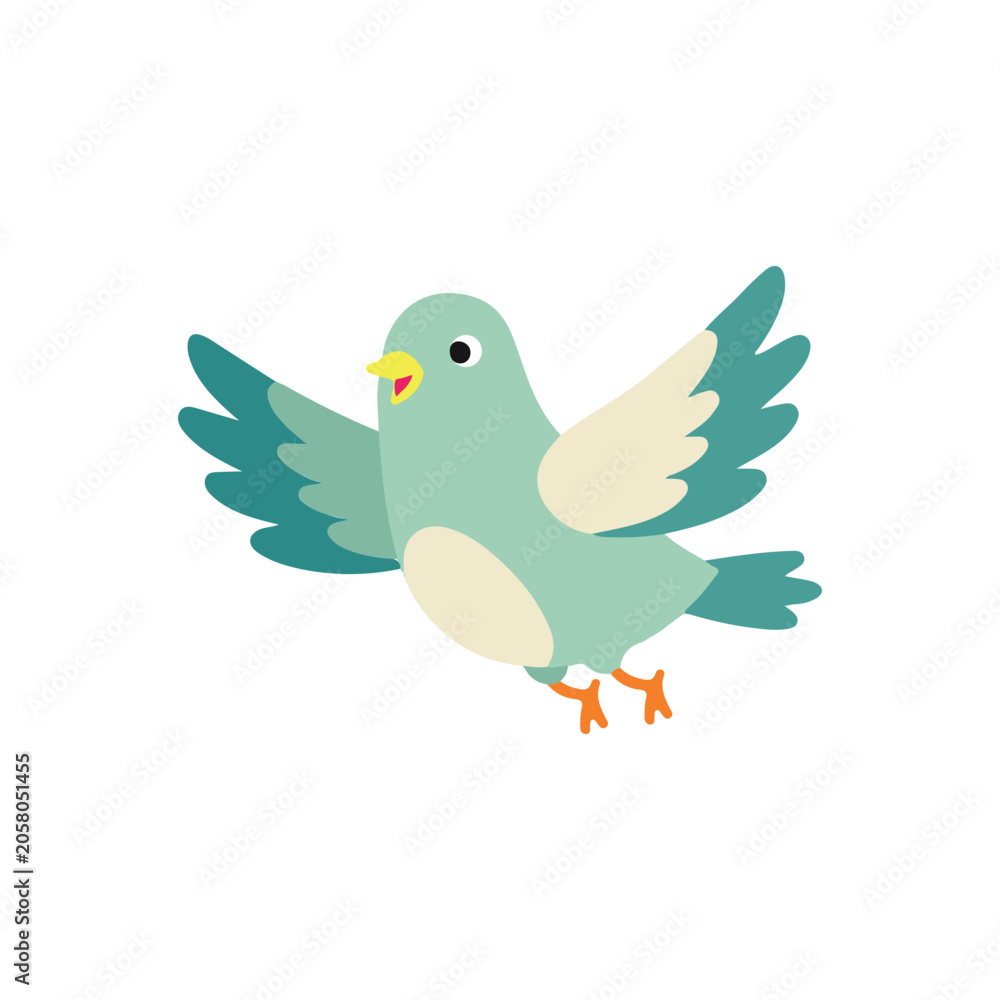 Fototapeta premium Cute Turquoise Flying Bird Vector Illustration, Happy Cartoon Pigeon Spreading Wings, Flat Green Little Dove Clipart for Nursery Design