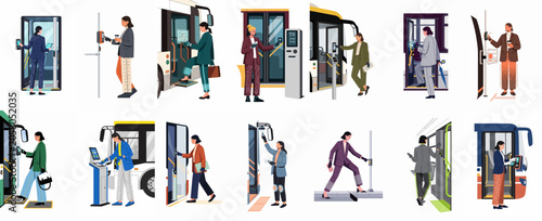 Tableau sur toile Set of illustrations showing people using contactless payment and digital validation methods for public transportation like buses and metro stations