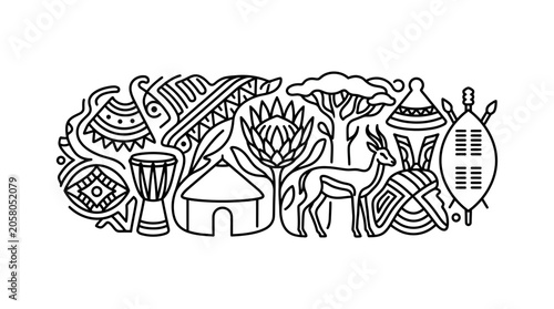 A detailed black and white line art illustration featuring iconic South African cultural and natural symbols.