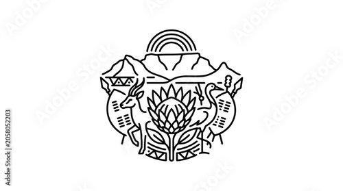Minimalist line art illustration of the South African coat of arms emblem.