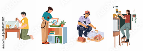 Fotografía Diverse characters caring for their pet hamsters, featuring feeding, cage cleaning, and playing with small rodents in a flat illustration style