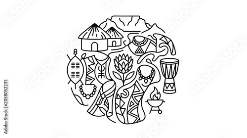 Circular line art illustration featuring iconic South African cultural and natural symbols.