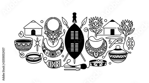 Valokuva Black and white illustration of traditional South African cultural symbols and artifacts