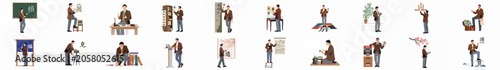 Foto A collection of illustrations showing a man in a brown blazer engaged in various educational activities related to Japanese culture, calligraphy, and Kanji study