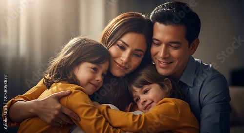 Happy family enjoying a playful moment together at home.