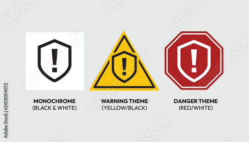 4-Pack Colour Warning Icon Set – Monochrome Warning Danger Theme Shield Symbol Variations