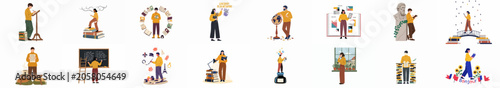 Photos Set of flat vector illustrations depicting people engaged in diverse literary activities, creative writing, reading, and conceptual representations of poetry and prose