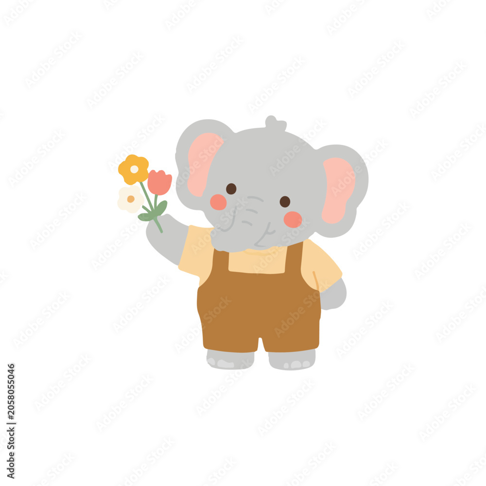 Obraz premium Cute Elephant Wearing Brown Overalls Holding Flowers Vector, Happy Cartoon Baby Elephant Character, Flat Safari Animal Clipart for Greeting Card