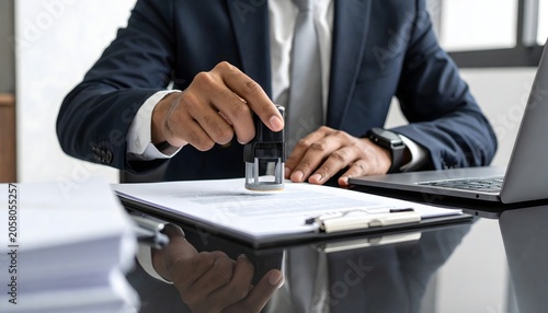 Professional businessman hand applying a stamp to a legal document to signify final approval.