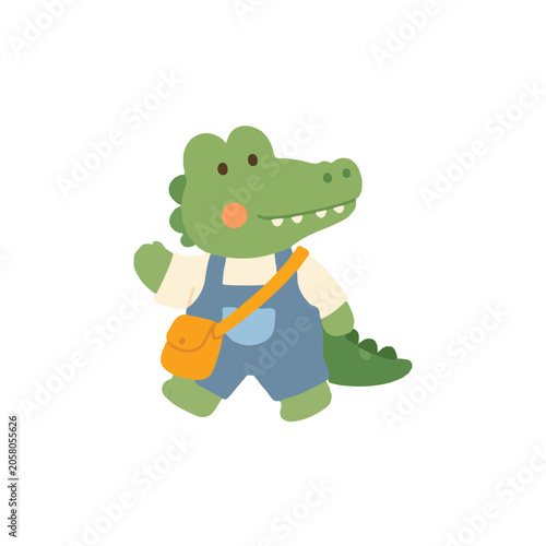 Cute Crocodile Wearing Blue Overalls and Yellow Bag Vector, Cartoon Baby Alligator Character Illustration, Flat Reptile Adventure Clipart for Nursery
