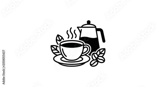Billede på lærred A black and white line art illustration of a steaming coffee cup and a coffee pot