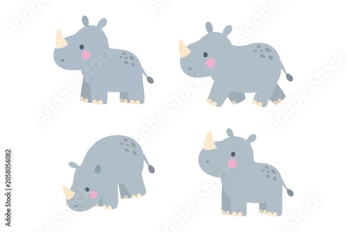 Cute Rhinoceros Character Vector Element Set, Cartoon Baby Rhino Clipart Collection, Flat Safari Wild Animal Sticker Elements for Kids Nursery
