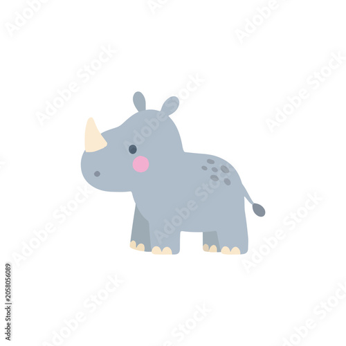 Cute Standing Rhinoceros Vector Illustration, Cheerful Cartoon Baby Rhino Character, Flat Scandinavian Safari Animal Clipart for Kids Card