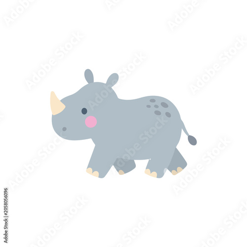 Cute Walking Rhinoceros Character Vector Illustration, Happy Cartoon Baby Rhino Moving, Active Flat Scandinavian Safari Animal Clipart for Kids Book