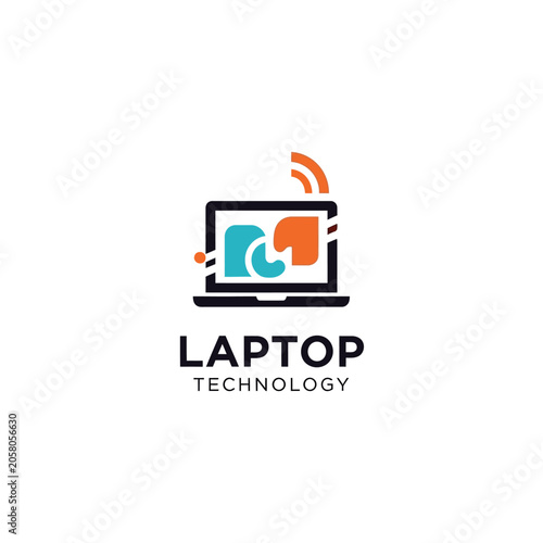 Modern laptop logo with wireless signal and technology text.