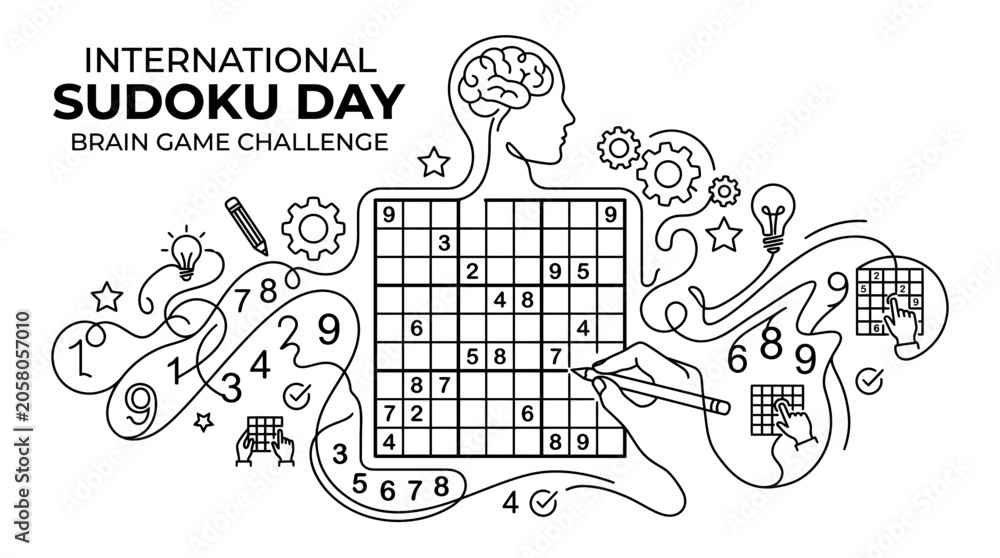 Obraz premium Hand drawn illustration of a Sudoku puzzle challenge with brain and icons.