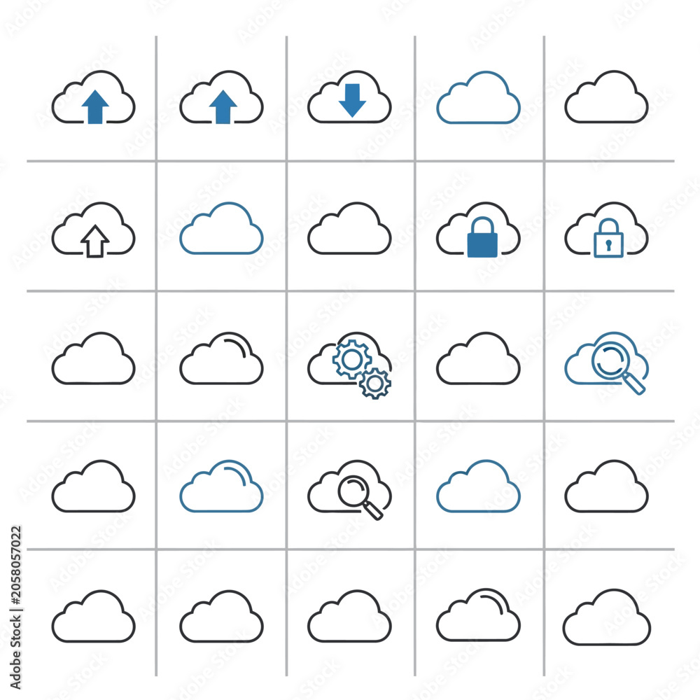 Obraz premium Set of cloud computing icons with upload download and security symbols on white background