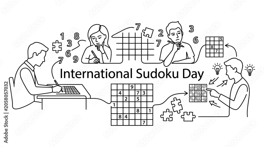 Fototapeta premium Line art illustration celebrating International Sudoku Day with people solving puzzles.