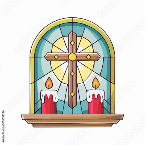 Stained Glass Window with Cross and Candles