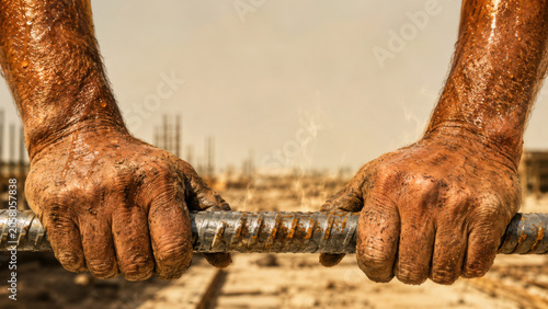 Strained hands grip metal rod, showcasing heat and stress of hard labor in construction site
