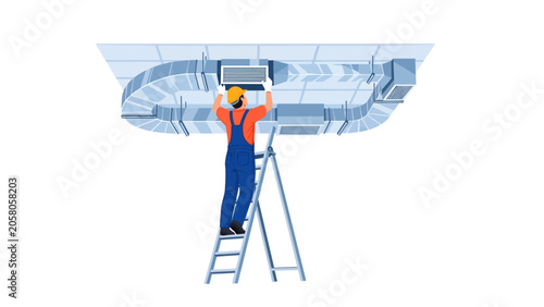HVAC Technician Repairing Ceiling Ventilation System Illustration