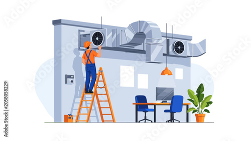 HVAC Technician Repairing Ventilation System in Modern Office Illustration