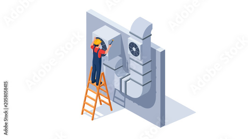 Isometric HVAC Technician Repairing Air Conditioning and Ventilation System on Ladder