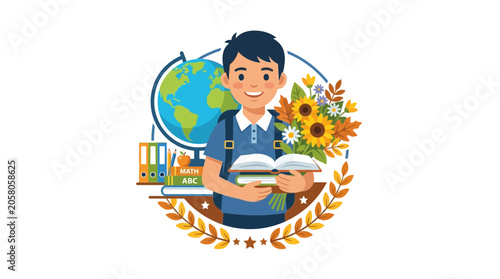 Konstfotografi Happy schoolboy holding books and flowers for teacher.