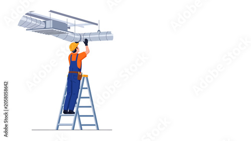 HVAC technician installing ventilation ducts on a ladder, isolated on white background.