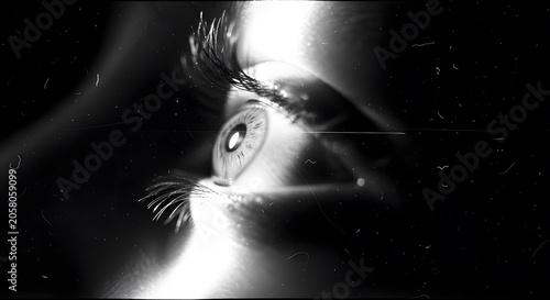 Close up of a human eye with dramatic lighting and dust particles black and white