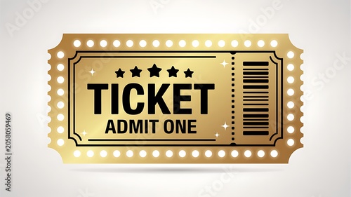 Golden ticket, admit one, event ticket, gold ticket stub, voucher