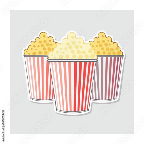 Three striped popcorn buckets with popcorn illustration