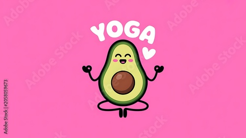 Cute avocado cartoon character doing yoga, green fruit illustration, pink background, wellness concept, healthy lifestyle