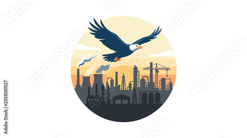 Obraz na plátně A majestic bald eagle soaring above a sprawling industrial manufacturing complex