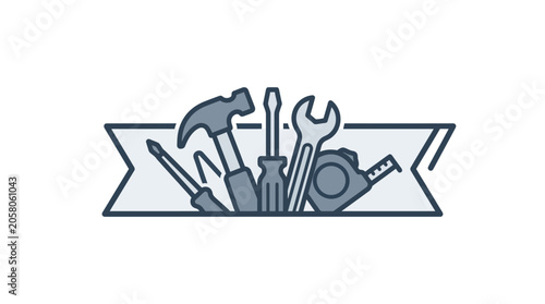 A collection of various construction and repair tools arranged inside a decorative banner.