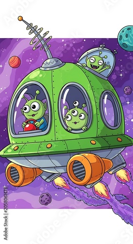 Colorful cartoon car with hot air balloons and planets.