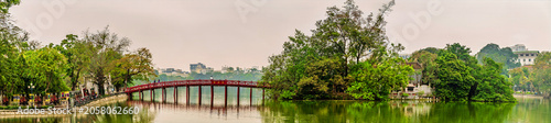A panorama view towards the Huc Bridge and the Ngoc Son Temple on the Hoan Kiem Lake in Hanoi, Vietnam, in the morning