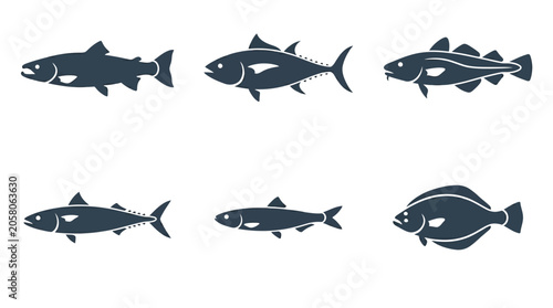 Flat vector icon set of 6 seafood fish: salmon, tuna, cod, mackerel, sardine, and halibut