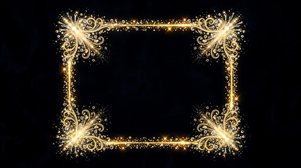 Elegant ornamental square frame made of glowing golden sparks with sparkles decorative background abstract particles artistic template isolated ornamental