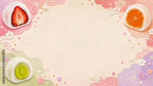 フルーツ大福と桜の和風フレーム背景/Japanese Spring Frame Background with Fruit Daifuku and Cherry Blossoms Generative AI