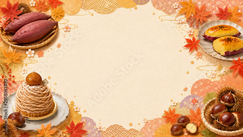 秋の味覚と紅葉の和風フレーム背景/Japanese Autumn Frame Background with Seasonal Delicacies and Maple Leaves Generative AI
