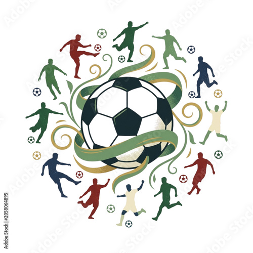 Obraz na płótnie Circular Soccer Composition Featuring Multiple Player Silhouettes and Ornaments